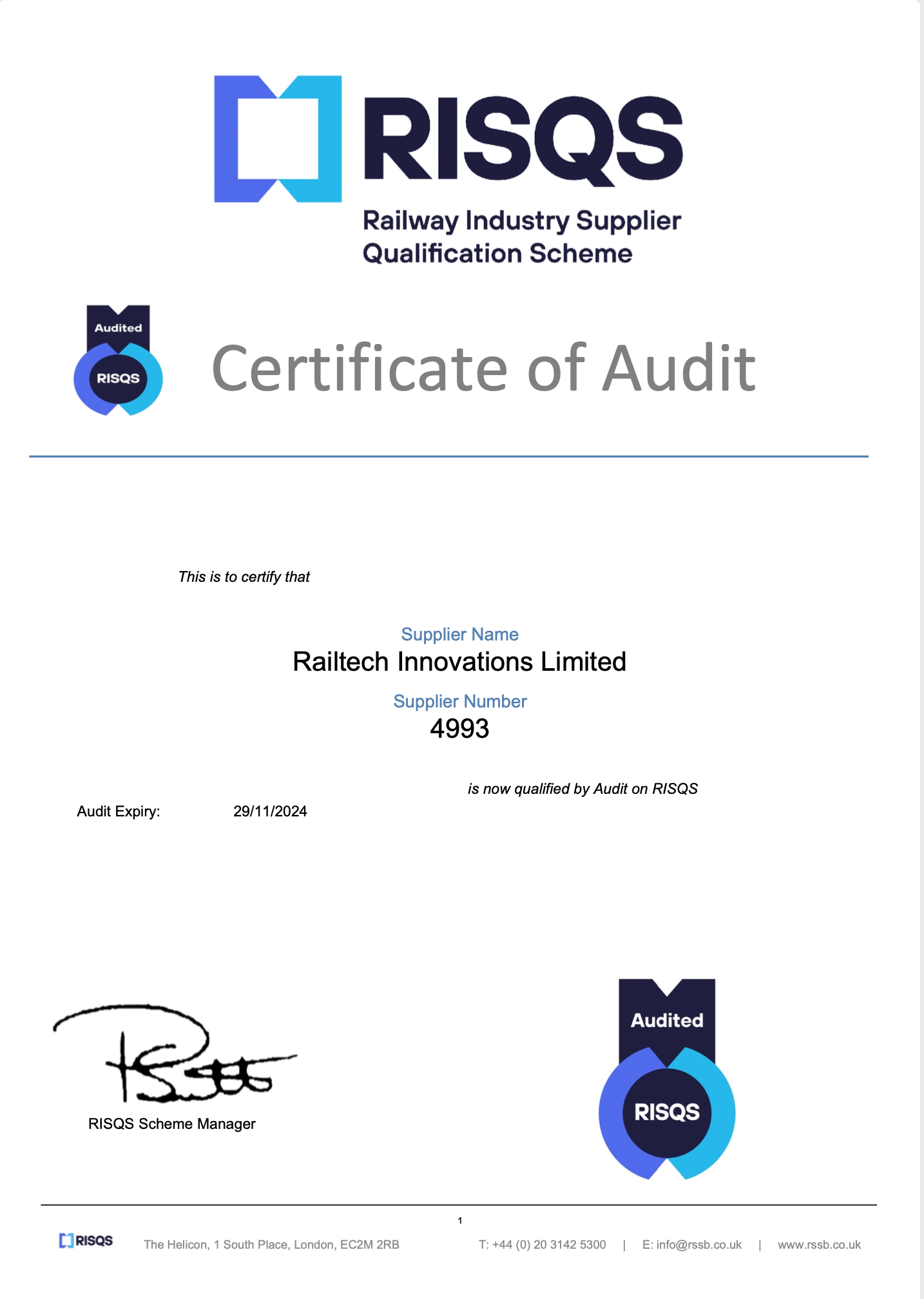 RISQS AUDIT CERT 2024